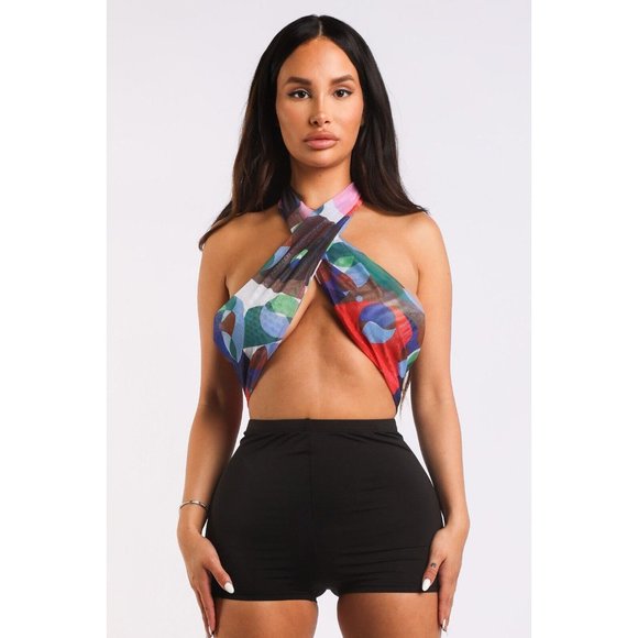Women's Multiway Retro Paisley Printed Crop Halter Wrap Top One Size Cross Neck - Picture 10 of 10